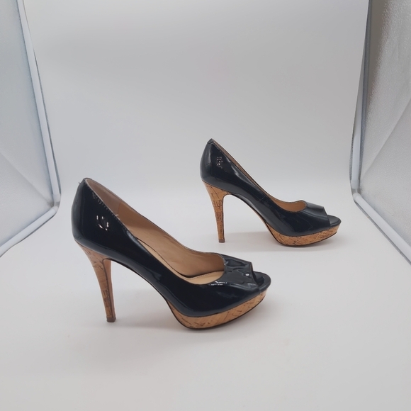 Antonio Melani Sz 6 Black Leather Peep-Toe Heels - Picture 7 of 10